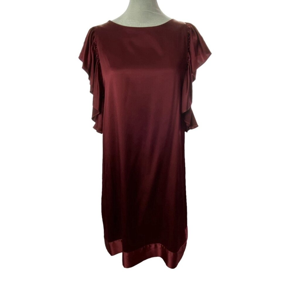 SUNNER Women Silk Satin‎ Slip Dress Ruffle Sleeve Sz 10 Red Casual Party 80-28